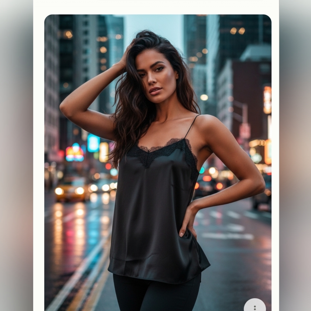 Violet & Claire Black Satin Camisole with Lace